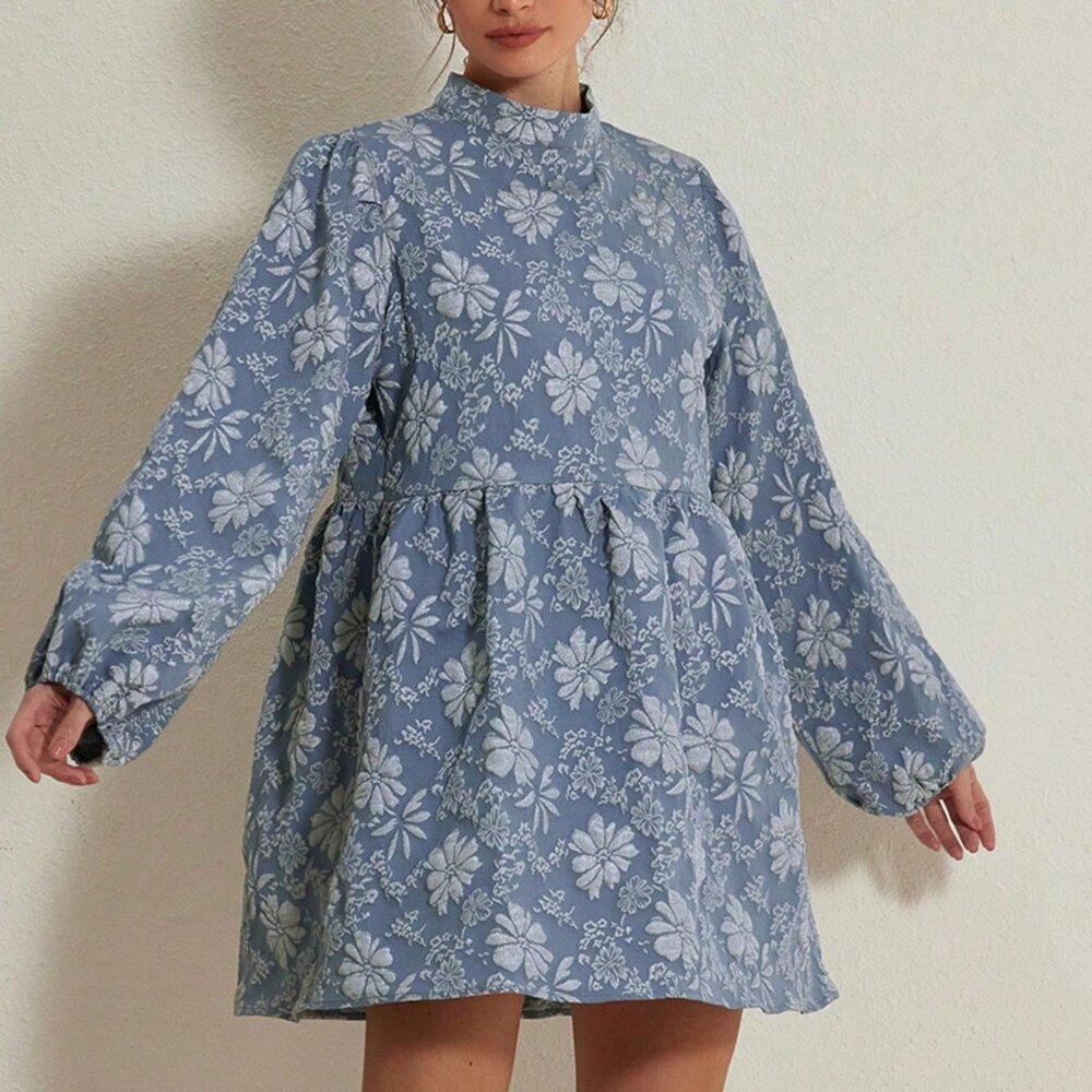 Blue Elegant Women's Textured Floral Lantern Sleeve A-Line Mini Dress - Picture 3 of 6